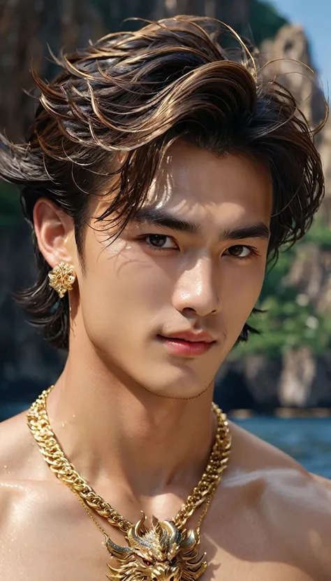 very handsome guy;
Age: from 18-20 years old;
skin: tanned, healthy, smooth texture, detailed;
hair: golden red, smooth, flowing in the sunlight, detailed;
eyes: jet black, seductive, sharp, realistic, sparkling, wet, super detailed;
eyelids: delicate, per...