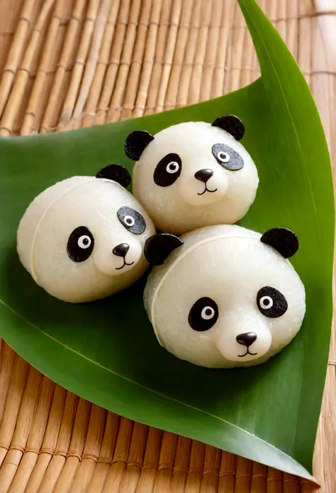 A panda-shaped rice dumpling，Made of glutinous rice，Clearly separated，The lower body is wrapped in zong leaves，Cute expression，Head sticking out of the bamboo leaves，Equally spaced，Cartoon Style，Macro lens，Studio light，Bold color scheme