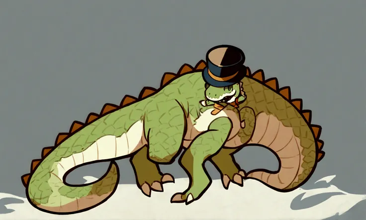 a chibi t-rex wearing a tophat, green scales with an orange belly