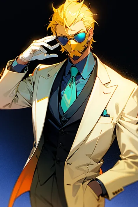 A man with his hand on his glowing glasses、suit