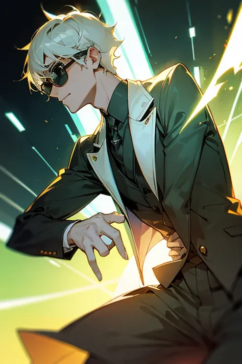 A man with his hand on his glowing glasses、suit、Short Hair