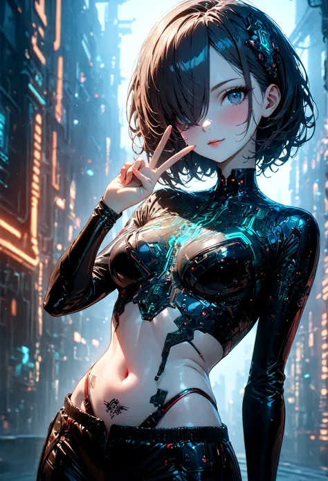 beautiful Cybernetics girl, hair over one eye, Hair accessories, (Delicate skin), Pale skin, black crop top made of circuit boards, Navel tattoo, sexy Futuristic pants, on branch, v, Japanese words with glitter effect, cyberpunk background,Sensual, is attr...