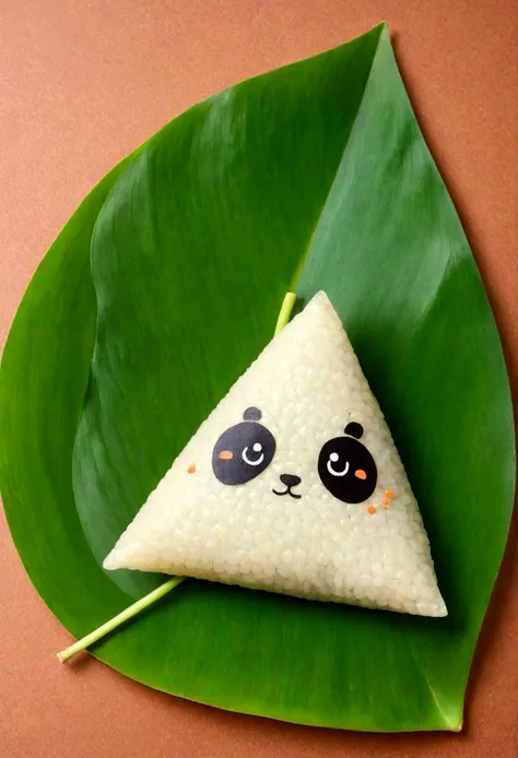 a triangular rice dumpling in the shape of a panda，the whole body is made of glutinous rice grains，cute expression，the lower bod...