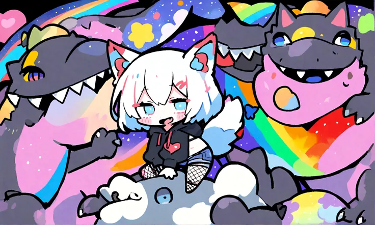 a cute chibi style adult male with wolf ears, white hair, has a wolf tail, wearing a loose cropped oversized black hoodie, wearing a pair of denim short shorts and fishnet stockings, thick thighs, wide hips, dancing on mound of fluffy multi colored kawaii ...