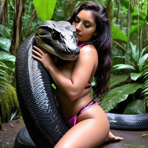  Topless  pink thong wearing aroused horny beautiful happy latina teen girl vs  Giant black anaconda monster wrapped around her body squeezing her in coiled embrace cuddling and kissing  sexual erotic bestiality  sex  realistic in the rainforest full body,...