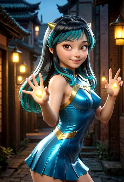 lum,(masterpiece, best quality:1.2), 1girl, night，Turn your back to the moonlight，solo,Movie Shots，Light Effect，Raise a finger，There is an arc flash on the fingertips，,realistic，3d，dynamic pose，Unreal Engine 5，skin texture， anatomical correct：2，fullbody：2，...