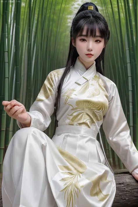 best quality, 8k, highly detailed face and skin texture, high resolution, asian girl in white chinese clothing at bamboo forest,...