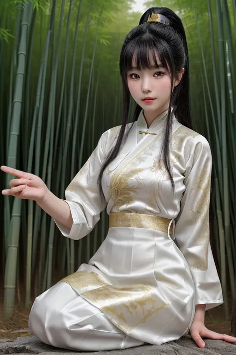 best quality, 8k, highly detailed face and skin texture, high resolution, asian girl in white chinese clothing at bamboo forest,...