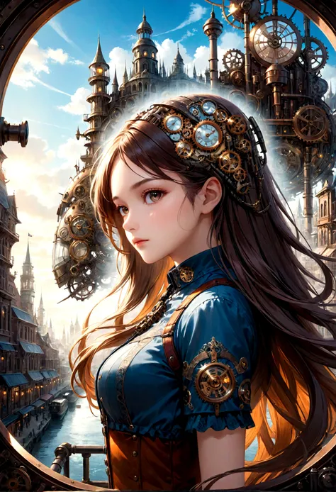    Double exposure of a beautiful girl with long hair(Face clear and perfect)Image，The backdrop is a hyper-detailed steampunk city that&#39;s perfect, Beautifully, Intricate illustrations, art work concept art work masterpiece, best quality, Super detailed...