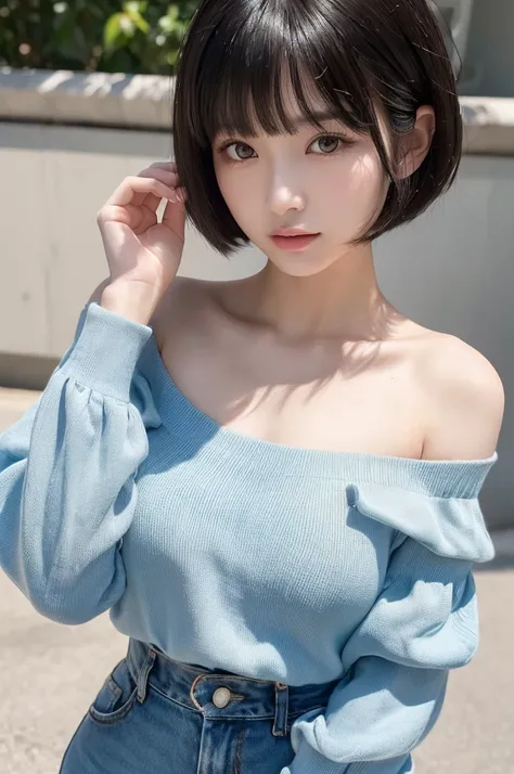 (High resolution:1.3), (16k, Photorealistic, Raw photo, Best image quality: 1.4), Japanese, (One Girl), Beautiful Face, (A vivid face), (Black-haired、short hair:1.3、bangs:1.2), Beautiful Hairstyles, Realistic eyes, Beautifully detailed eyes, (Realistic Ski...