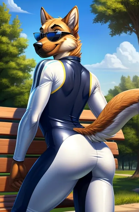 solo, male, tan and brown fur, canine (german shepherd), twink body, wearing a (white and silver shiny spandex bodysuit cycling suit lycra, spandex one-piece spandex lycra bodysuit), wearing a (orange chrome sunglasses), at a public park, lay on a bench, s...