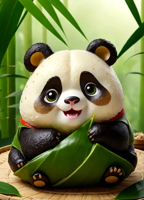 Panda-shaped Zongzi, Glutinous rice texture, Particles are distinct, rice dumpling, cute expression, playful charm, traditional glutinous rice leaves, big round eyes, golden hue, green rice leaves, cartoonish design, exaggerated features, traditional craft...