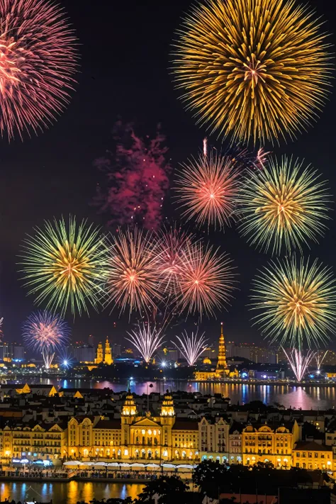 Cityscape during new year celebration with fireworks