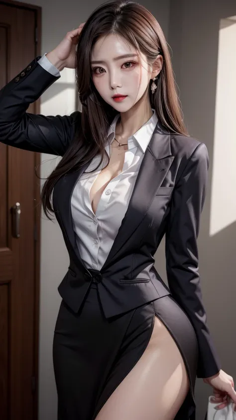 a lady with formal clothes , sexy look , hunter eye , classy lips , with unhook 1st two shirt buttons