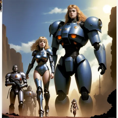 there is a woman standing in front of a giant robot, inspired by ken kelly, epic album cover, imogen poots as a paladin, ralph horsley vivid color, mighty princess of the wasteland, skynet, intricate biopunk patterns, queen of warrior, krull  