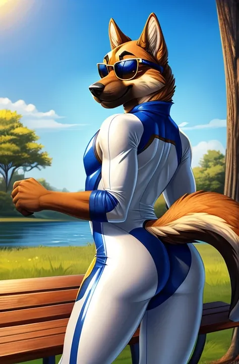 solo, male, tan and brown fur, canine (german shepherd), twink body, wearing a (white and silver shiny spandex bodysuit cycling suit lycra, spandex one-piece spandex lycra bodysuit), wearing a (orange chrome sunglasses), at a public park, lay on a bench, s...