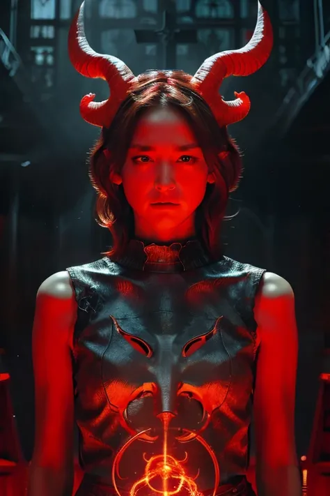 "Horned Lilith surrounded by fiery red light, In the dimly lit church、Surrounded by crackling lightning and swirling mist, Exudes an aura of darkness and mystery."