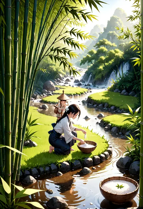 A miniature scene,A surreal miniature world created by glutinous rice dumplings and bamboo leaves，Large aperture lens，Tilt-Shift Photography，Woman washing sticky rice by the stream，Man picking bamboo leaves，Soft natural light，Fine texture，color，Tranquil at...