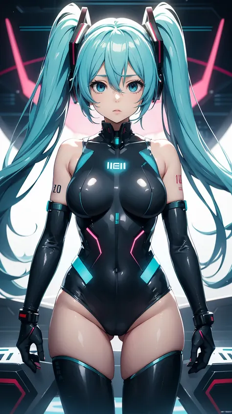 Hatsune Miku Vocaloid, Twin Tails, Light Blue Eyes, Light Blue Hair, black body suit, (mecha girl), Cyber punk, Ultimate Physical Beauty, Beautiful Eyes, big breasts, embarrassed look , Bigchest, 8K CG, Top Quality, Best Image Quality,