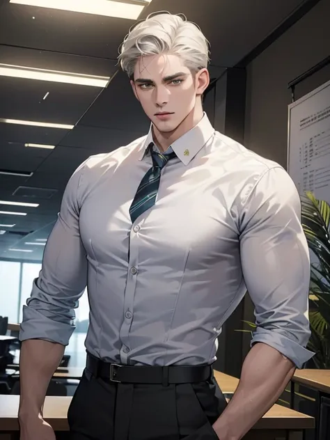 (best quality, masterpiece, 8K, photorealistic, cinematic lighting, hdr image, ultra detailed, beautiful image), 1 man, 31 years old, mature man, very handsome, (without expression, serious), short white hair, green eyes ( penetrating gaze), imposing postu...