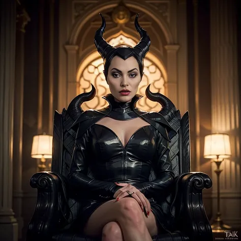 Masterpiece, best quality, detailed face, perfect eyes, Maleficent, pale skin, green eyes, black cowl, demon horns, throne behind her, looking at viewer, Sitting on a dark Throne chair. Behind her. In a dark throne room