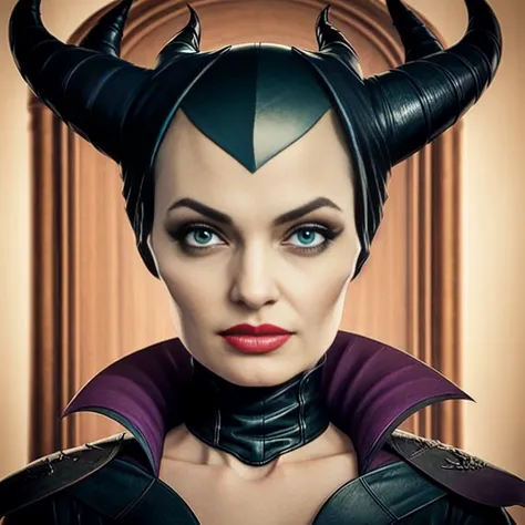 masterpiece, best quality, detailed face, perfect eyes, maleficent, pale skin, green eyes, black cowl, demon horns, throne behin...