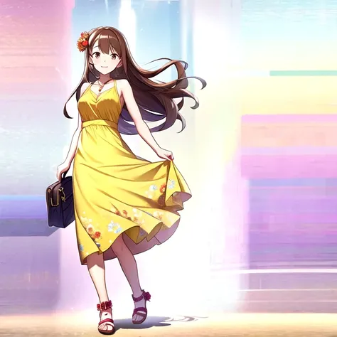 (masterpiece, best quality:1.2), 1girl, solo, long brown hair, yellow dress with floral print, amarelinha, sunlight, inside subway, shoulder bag, full body