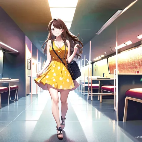 (masterpiece, best quality:1.2), 1girl, solo, long brown hair, yellow dress with floral print, amarelinha, sunlight, inside subway, shoulder bag, full body