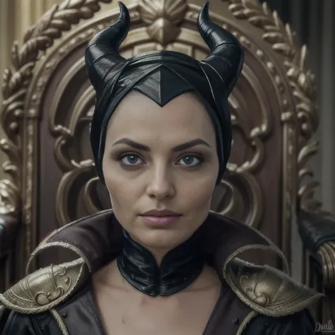 masterpiece, best quality, detailed face, perfect eyes, maleficent, pale skin, green eyes, black cowl, demon horns, throne behin...