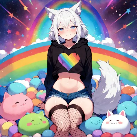 a cute adult male with wolf ears, white hair, has a wolf tail, wearing a loose cropped oversized black hoodie, wearing a pair of denim short shorts and thigh high fishnet stockings, thick thighs, wide hips, relaxing on mound of fluffy multi colored kawaii ...