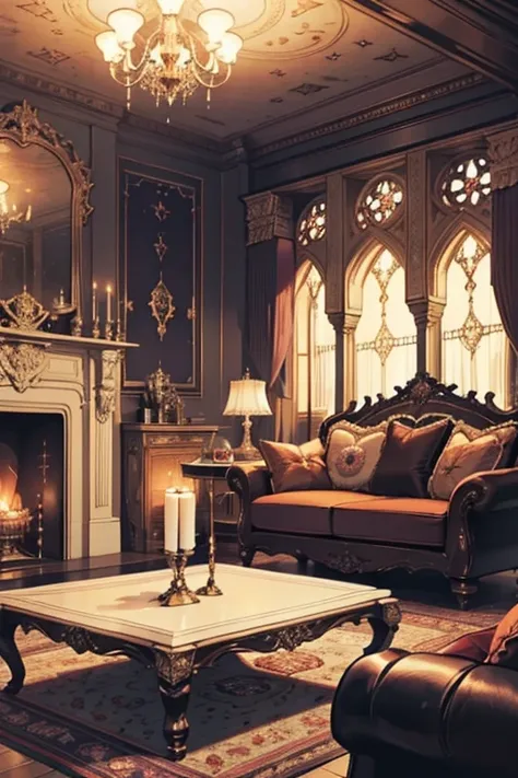 Interior, victorian Manor with reliquies, (((Nigth))), (((moonligth enters the living room))) soft pale orange palette, soft violet secundary exterior ligth 