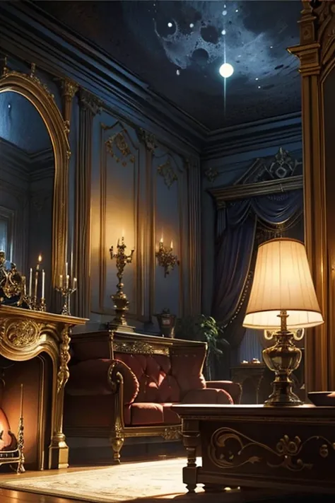 Interior, victorian Manor with reliquies, (((Nigth))), (((moonligth enters the living room)))