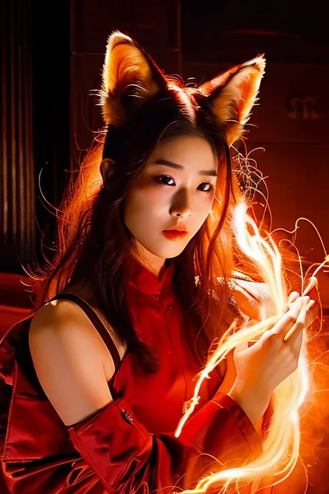 "Lilith with fox ears and nine tails, surrounded by a fiery red glow, In the dimly lit church、Surrounded by crackling lightning and swirling mist, Exudes an aura of darkness and mystery."