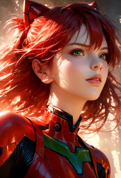 A beautiful girl with striking red hair, green eyes, and pale skin, Asuka Langley Soryu, anatomically correct, solo, xianxia style, close-up shot, extremely detailed face and features, long eyelashes, beautiful lips, flawless skin, realistic, photorealisti...