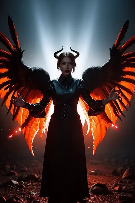 "Lilith with demonic wings and horns surrounded by fiery red light, In the dimly lit church、Surrounded by crackling lightning and swirling mist, Exudes an aura of darkness and mystery."