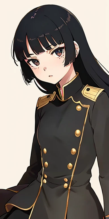 anime girl, all black uniform, gold buttons, long skirt, long black hair with bangs, black eyes, beautiful, small breasts, stoic, slender, calm, gold lines on skirt intricate, tori gate background