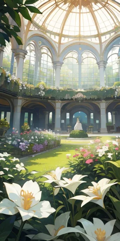 (top quality, masterpiece, ultra-realistic), indoor botanical garden, dome, lots of flowers, background landscape is a garden with petals and papas flying around, night. --v6