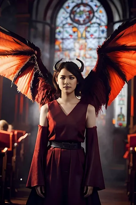 "Lilith with demonic wings and horns surrounded by fiery red light, In the dimly lit church、Surrounded by crackling lightning and swirling mist, Exudes an aura of darkness and mystery."