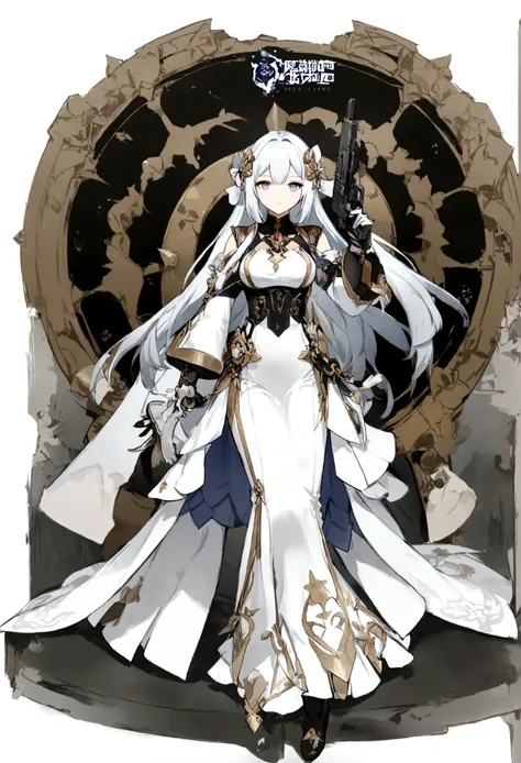 (Daisaku),(Need),(Super meticulous),(full bodyesbian:1.2),1girll,a woman in a white dress and black boots holding a gun, characters from azur lane, inspired by Li Chevalier, official character art, from the azur lane videogame, azur lane style, cushart kre...