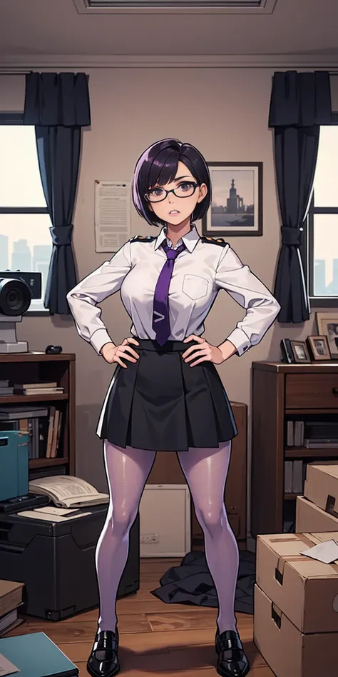 (high quality:1.1), cinema lighting, extremely detailed,
Calhoun, standing, hands on hips,
determined, clenched teeth,
purple hair, black hair, short hair, lips, purple eyes, glasses,
uniform, necktie, white shirt, skirt, pantyhose, shoes, 
large breasts, ...