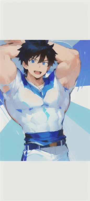 A man wearing a shirt、Close-up of man wearing belt, muscular!!, muscular!, muscular!!!, Tall anime man with blue eyes, super awesome and cool, muscular! White, nobutaka ike, Showing off his muscles, Broad shoulders, posture(raise arms + Happy), my hero aca...