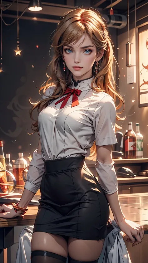 A stunning portrait of a smiling 24-year-old Soryu Asuka Langley (Evangelion), Evangelion (Hideaki), Caustics, High resolution illustrations, Sexy proportions、Wear a sheer blouse and a tight skirt、Wear black stockings