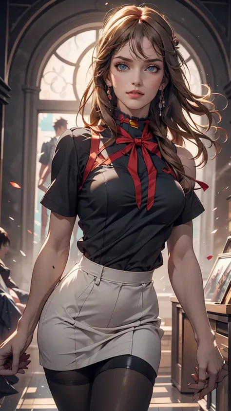 A stunning portrait of a smiling 24-year-old Soryu Asuka Langley (Evangelion), Evangelion (Hideaki), Caustics, High resolution illustrations, Sexy proportions、Wear a sheer blouse and a tight skirt、Wear black stockings