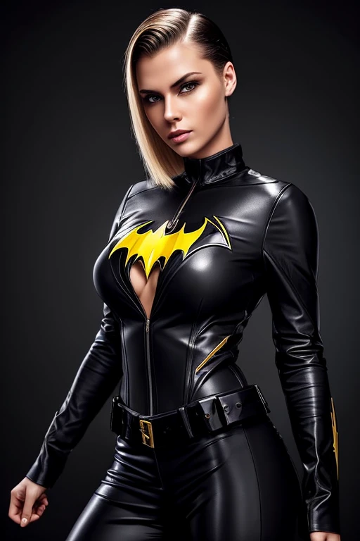 Gorgeous european woman with very short straight hair, short hair, wet hair, hair slicked back, combed straight back, slick hair, streaked caramelblonde hair, seductive, wearing batgirl outift, cleavage, solid dark grey background