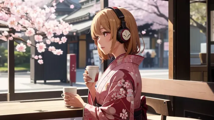 beautiful girl in a kimono drinking coffee while listening to music on headphones in a cafe、warm lighting、cherry blossoms in ful...