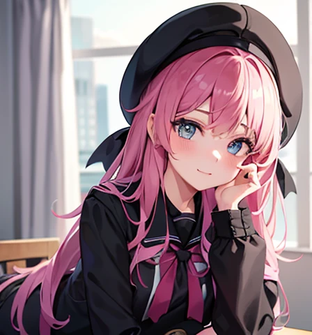 Girl with pink black and blue hair in a black school outfit