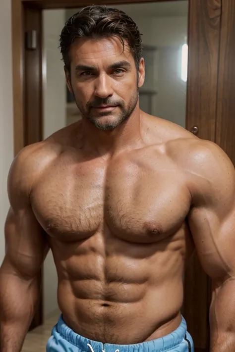 handsome mature man in his 50s,white man with a tanned complexion,(well-defined pecs and arm muscles),full body, facial hair styled into a neatly groomed beard,(intelligent and alluring eyes),a captivating, symmetric face with strong and defined facial fea...