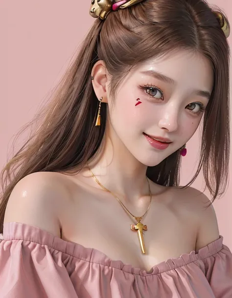 1 girl, 19 years old, south korean, 4k, masterpiece, soft skin, frekles under eyes, long whavy brown hair, pink eyes, red lips, red eyeliners, off shoulder pink top, skull tattoo on the neck, gold jewels, gold necklase, happy, big smile, portrait, close sh...