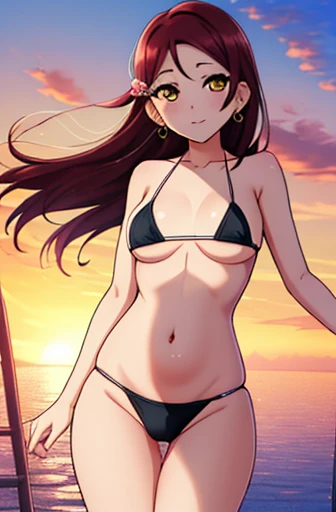 (Masterpiece, Best Quality, High Quality), sakurauchi riko,long hair, curvy body,earring, floating hair,love scene, high-leg , micro bikini,side tie,thicc thighs ,sea in background, sunset time , crotch, dynamic camera angle, black bikini