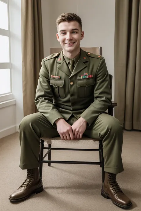 ((best quality, masterpiece, 8k)), 27 years old guy. wear military suites. sitting on the chair, open legs apart. smile. full bo...